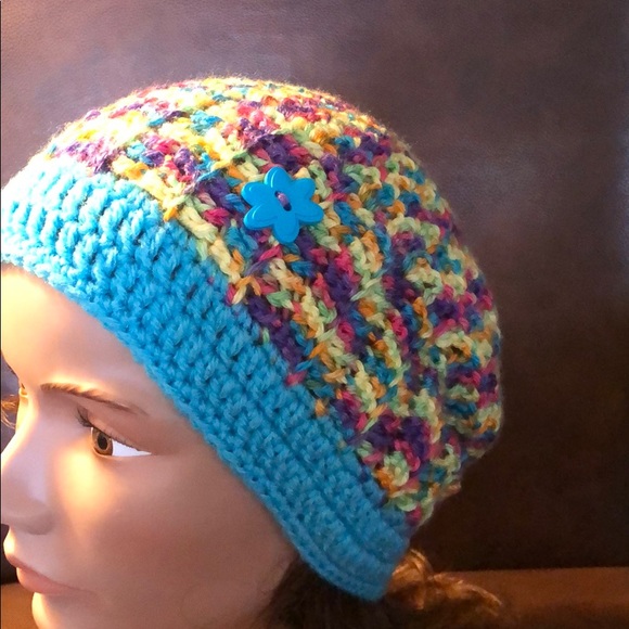 Ladies winter beanie ski hat turquoise new hand crochet by me #356 - Picture 5 of 8